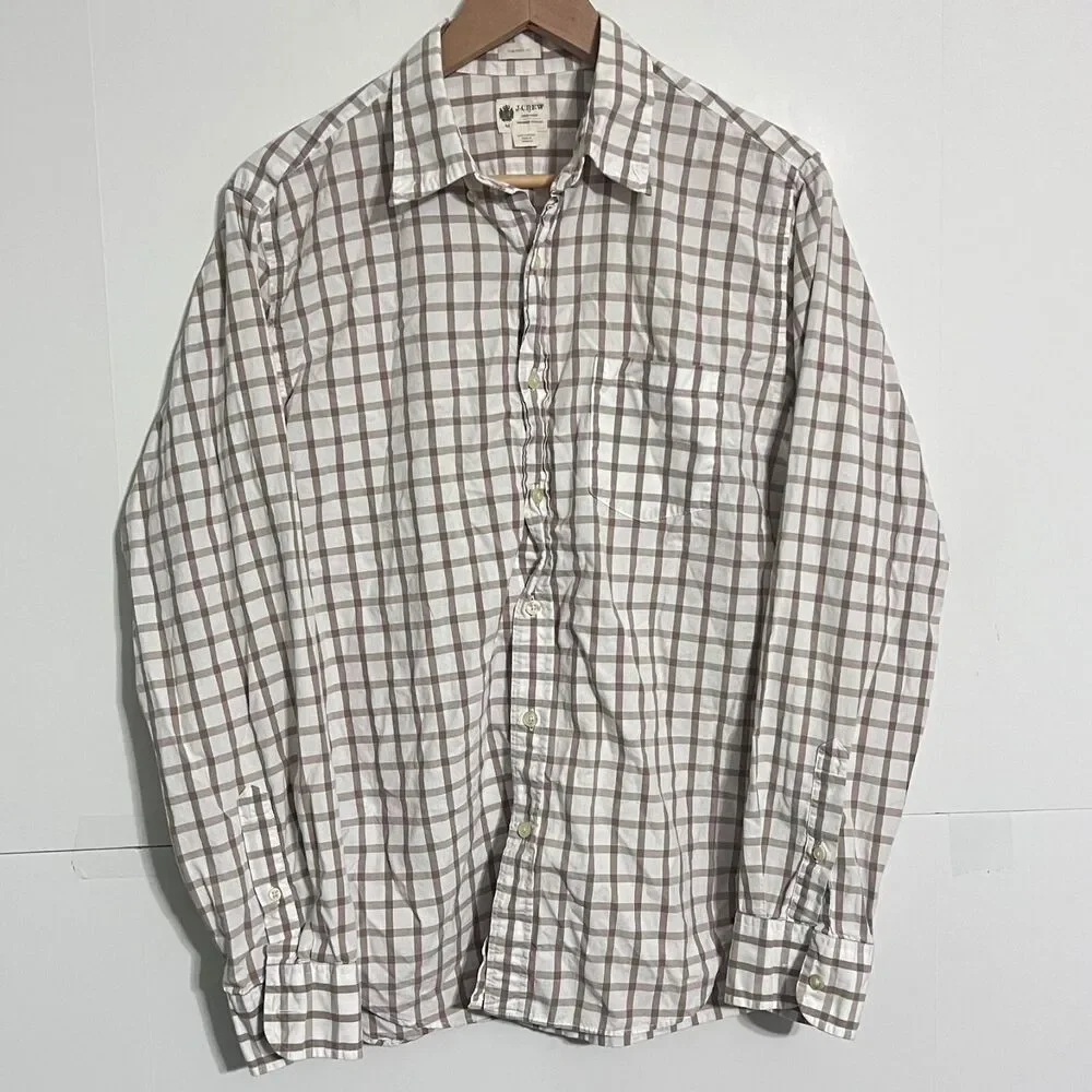 J Crew Mens Washed Casual Shirt Size M White Brown Grey Tailored Fit